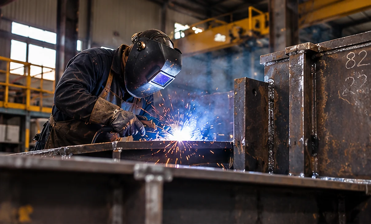 Operación de soldadura sobre una estructura metálica industrial.