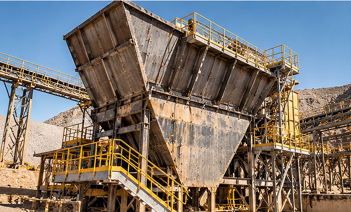 Tolva industrial de gran escala para manejo de materiales mineros.