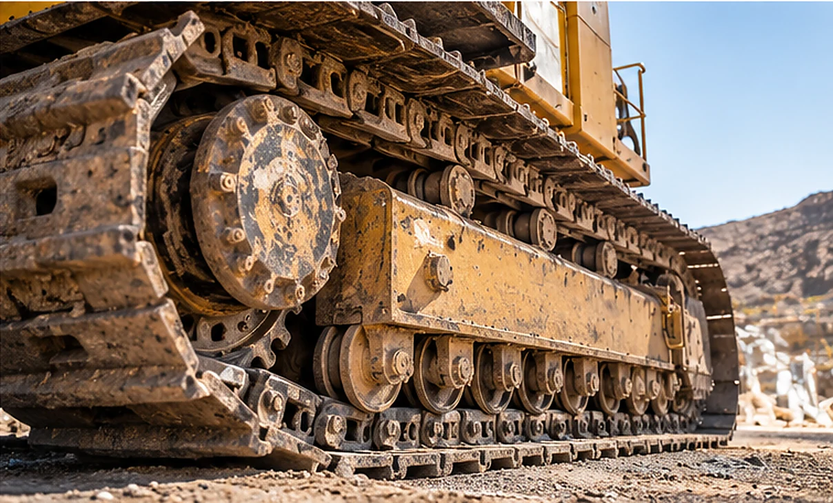 Cadenas, rodillos y componentes del tren de rodaje de maquinaria pesada.