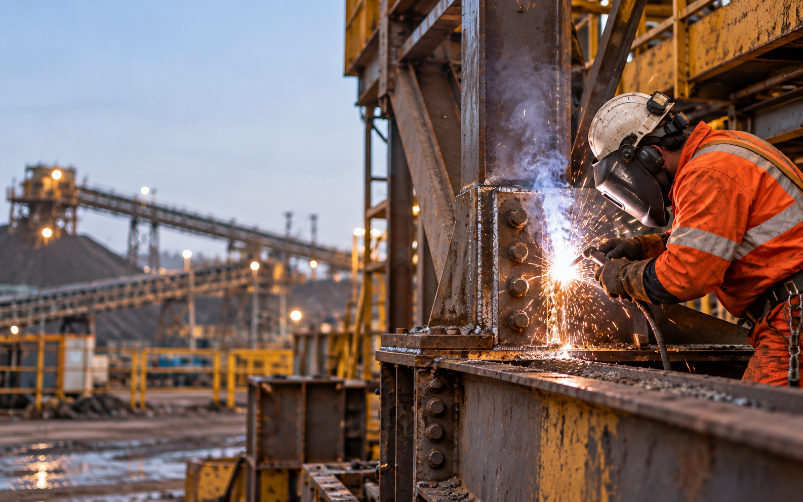 Técnico trabajando en reparación y soldadura estructural industrial.