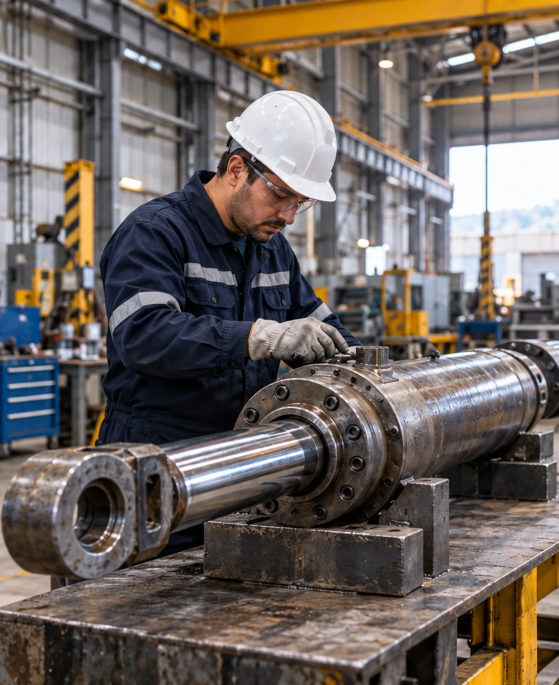 Imagen ilustrativa de un técnico inspeccionando un cilindro hidráulico en un taller industrial.